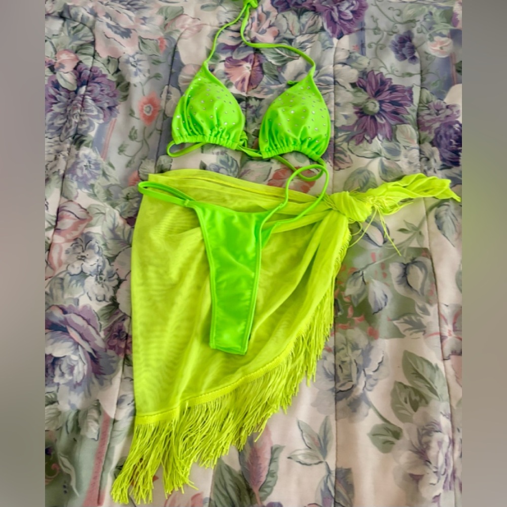SHEIN Neon Green Triangle Bikini Set with Fringe Sarong
